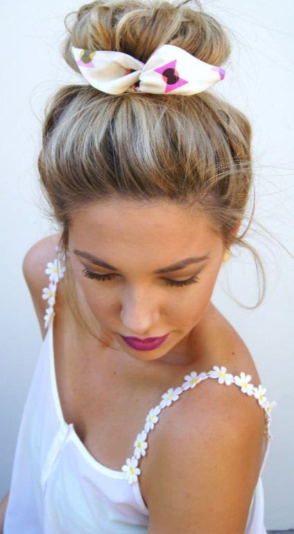 braided-top knot with colorful scarf knot hairstyles